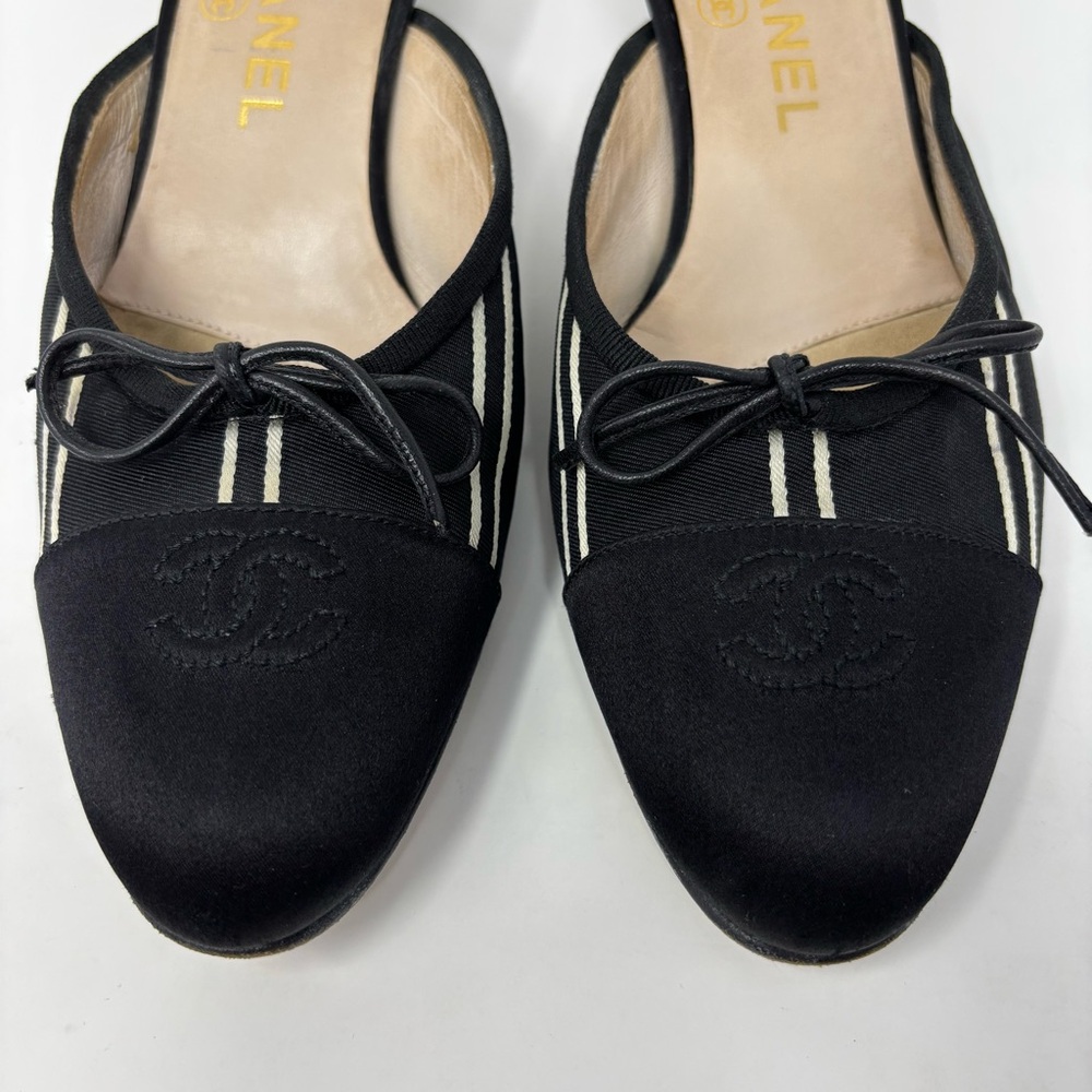 Chanel CC Cap Toe Bow Mules Black Canvas Kitten Heel Size 37.5 Y2K Vintage Satin - Picture 11 of 16